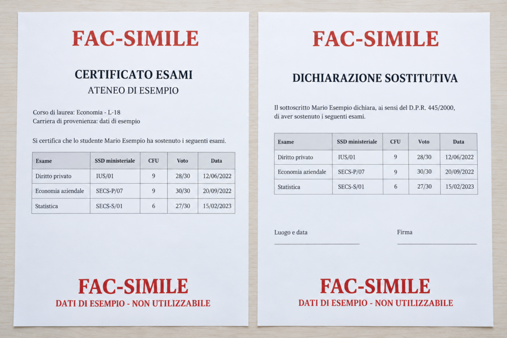 Due esempi con dati inventati: certificato con formula si certifica e dichiarazione sostitutiva con formula il sottoscritto dichiara; entrambi riportano esame, SSD, CFU, voto e data.